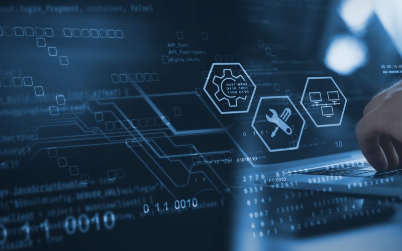 IT support, customer service concept. Computer engineer, technician coding on laptop computer connection with big data storage as backgrounds, digital technology, database, data management