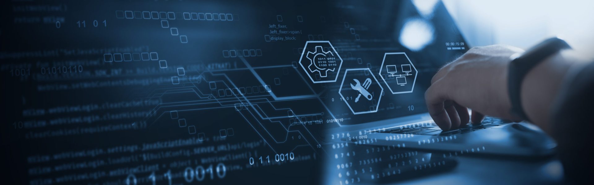 IT support, customer service concept. Computer engineer, technician coding on laptop computer connection with big data storage as backgrounds, digital technology, database, data management